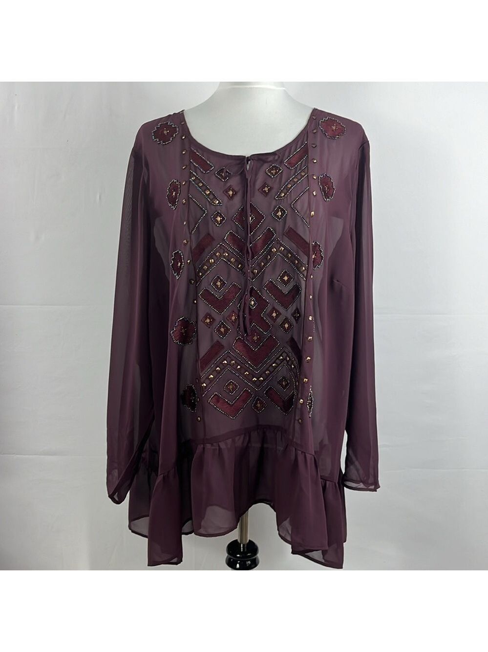 LOGO Lavish by Lori Goldstein Burgundy Sheer Peplum Top Beading Sequins 28W NWOT - Picture 2 of 12